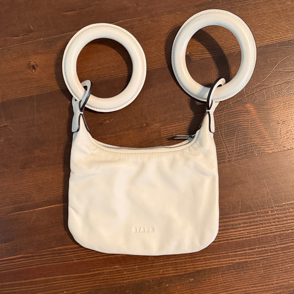 STAUD Cream Leather Clutch with Circular Handles
